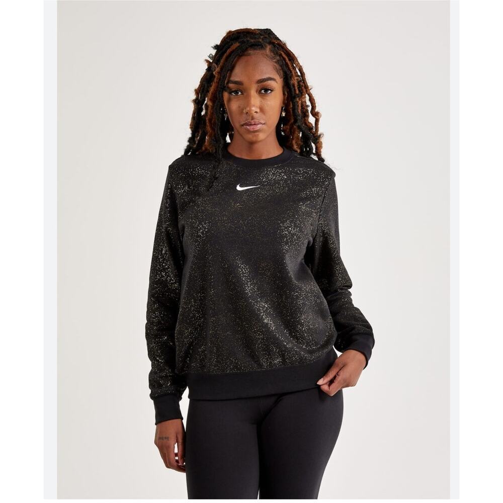 Nike Women Stardust Crewneck Sweatshirt XS Black Gold Shimmer Athleisure Casual